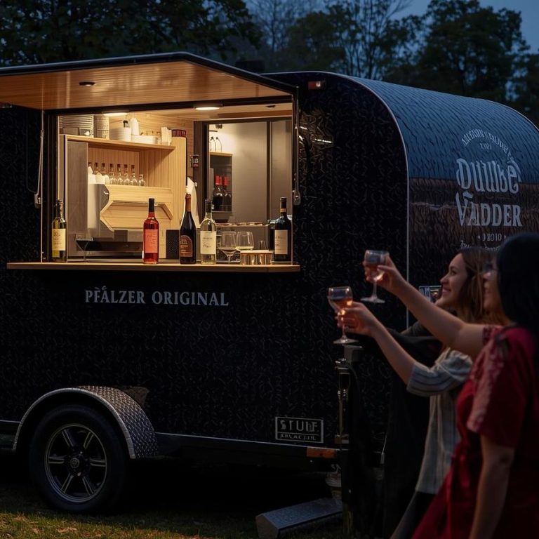 Anhänger Anhänger für Weinausschank mit fröhlichen Leuten davor